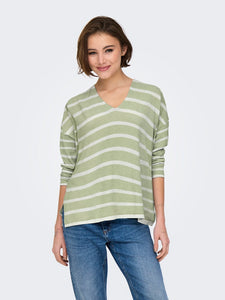 ONLY Striped Oversized V-Neck Knit Top in Green
