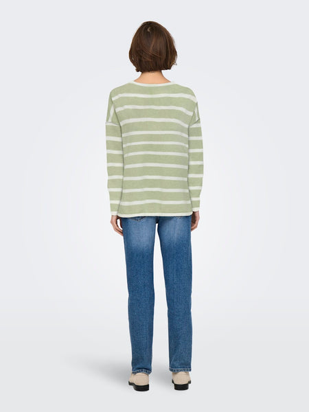ONLY Striped Oversized V-Neck Knit Top in Green