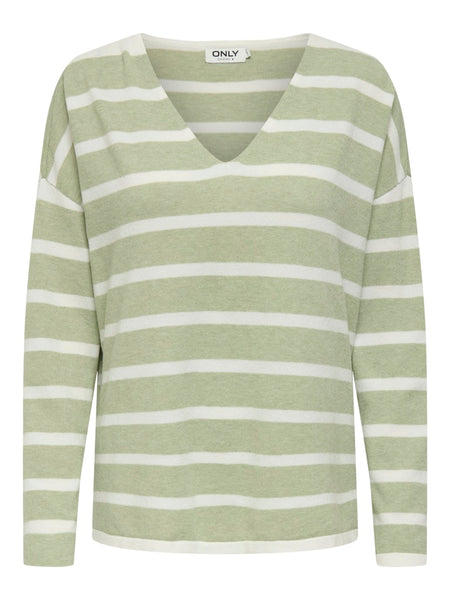 ONLY Striped Oversized V-Neck Knit Top in Green