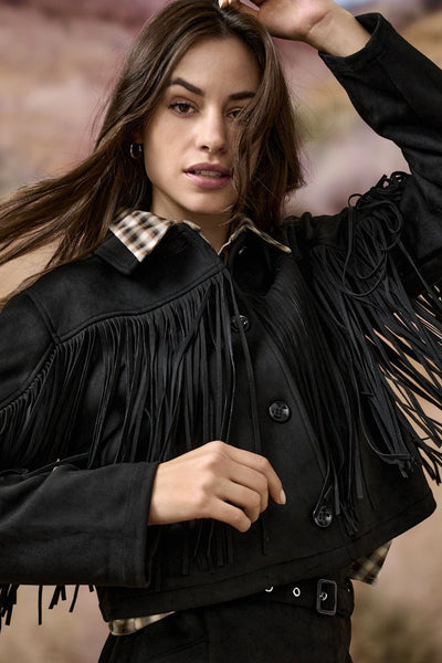 ONLY Faux Suede Fringe Jacket in Black