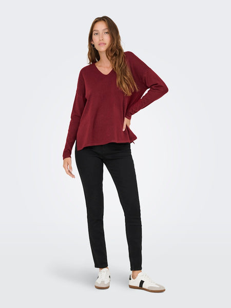 ONLY Oversized V-Neck Knit Top in Maroon