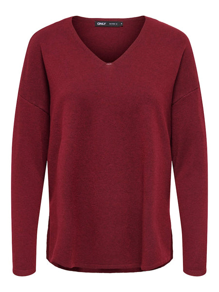 ONLY Oversized V-Neck Knit Top in Maroon