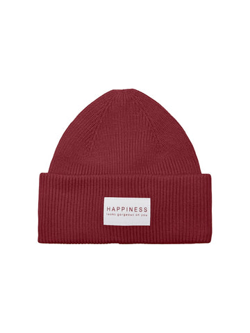 ONLY Knitted "Happiness" Beanie in Maroon