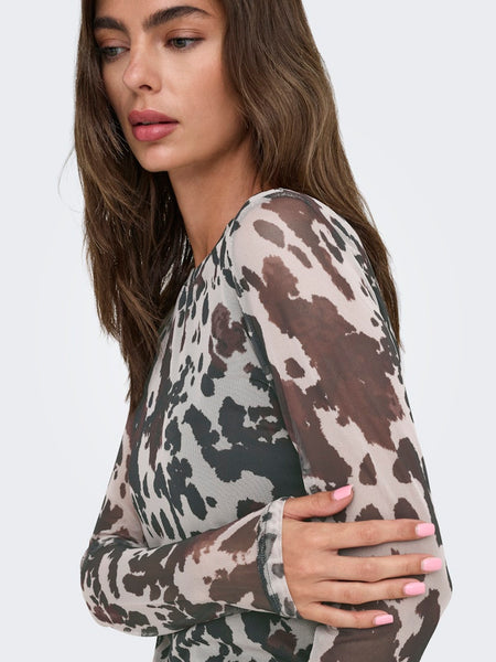ONLY Cow Print Mesh Top Brown