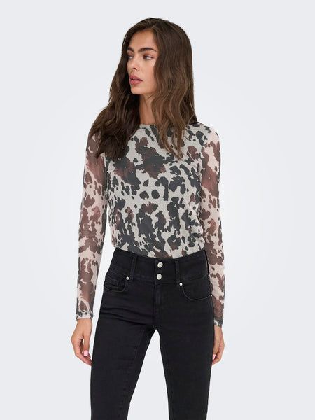 ONLY Cow Print Mesh Top Brown