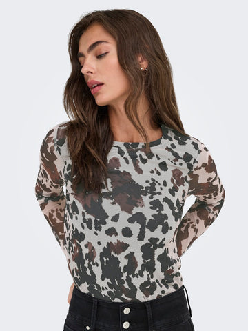 ONLY Cow Print Mesh Top Brown