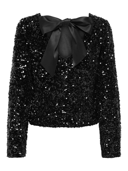 ONLY Sequin Long Sleeve Bow Back Top in Black