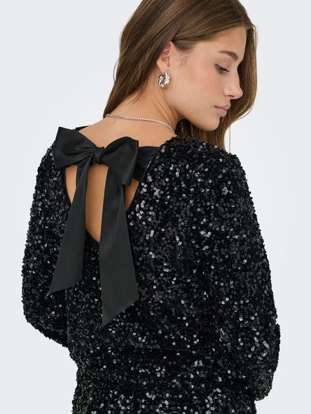 ONLY Sequin Long Sleeve Bow Back Top in Black