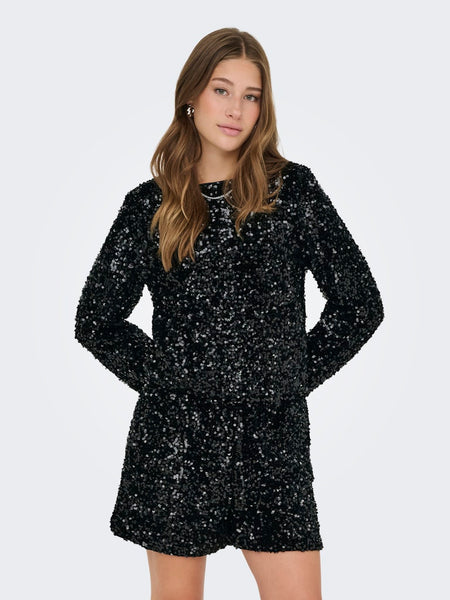 ONLY Sequin Long Sleeve Bow Back Top in Black