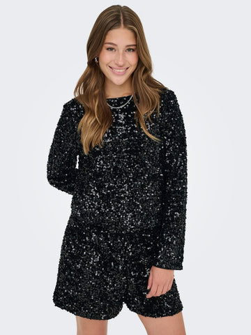 ONLY Sequin Long Sleeve Bow Back Top in Black