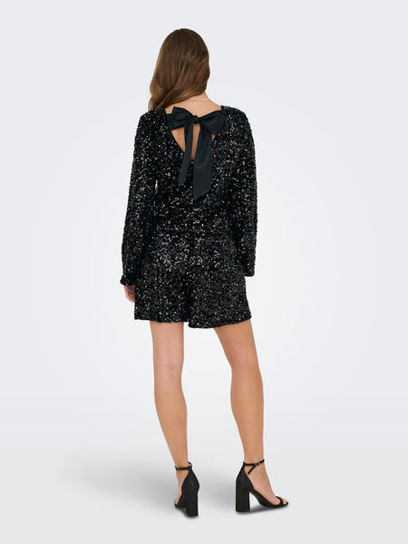ONLY Sequin Long Sleeve Bow Back Top in Black