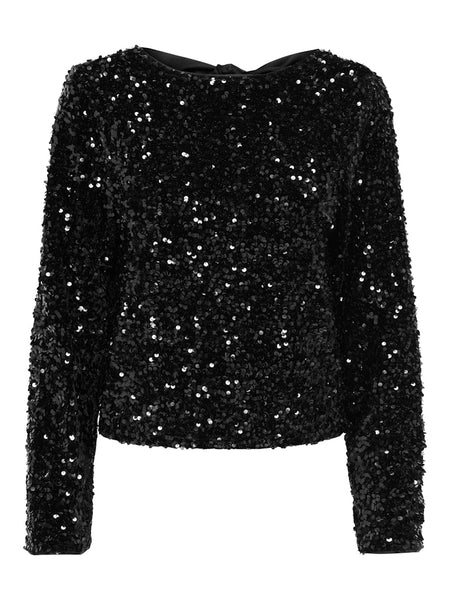 ONLY Sequin Long Sleeve Bow Back Top in Black