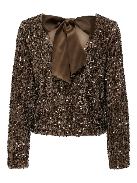 ONLY Sequin Long Sleeve Bow Back Top in Brown