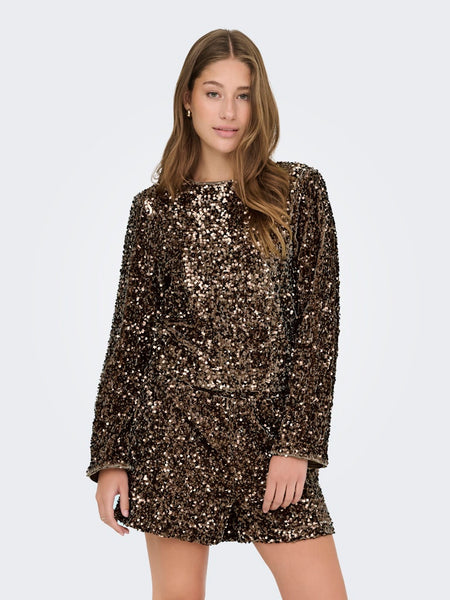 ONLY Sequin Long Sleeve Bow Back Top in Brown