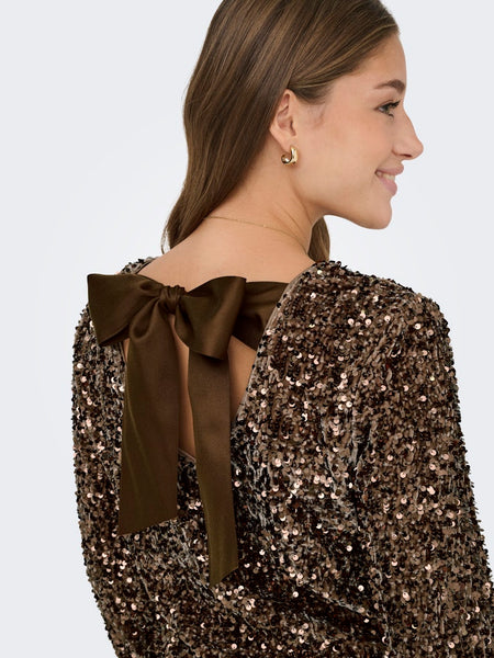 ONLY Sequin Long Sleeve Bow Back Top in Brown