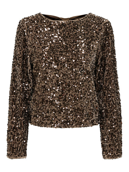 ONLY Sequin Long Sleeve Bow Back Top in Brown