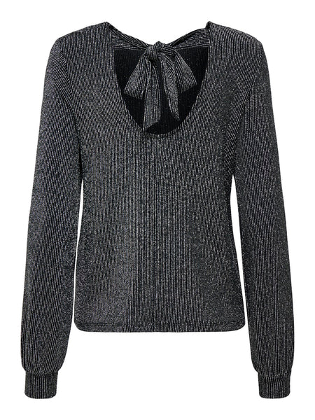 ONLY Striped Glitter Bow Back Top in Silver
