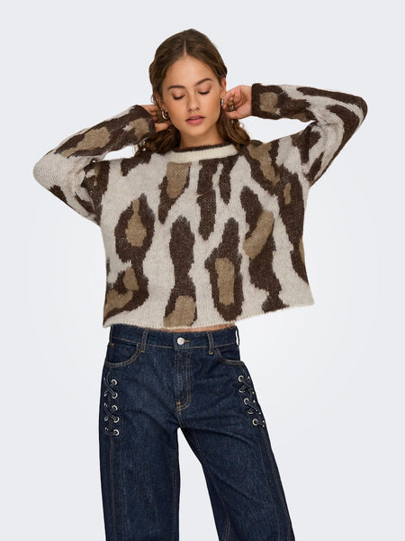 ONLY Animal Print Jacquard Jumper in Beige