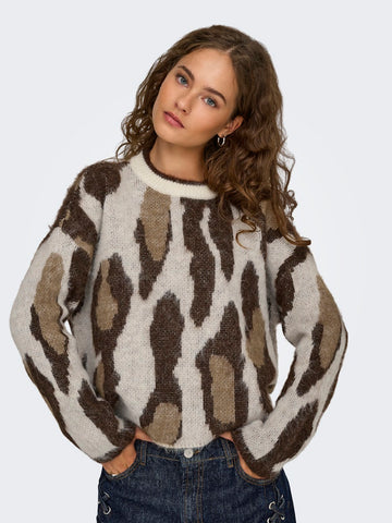 ONLY Animal Print Jacquard Jumper in Beige