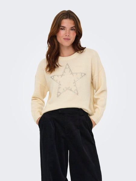 ONLY Knitted Rhinestone Star Jumper in Cream