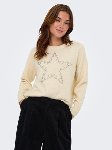 ONLY Knitted Rhinestone Star Jumper in Cream