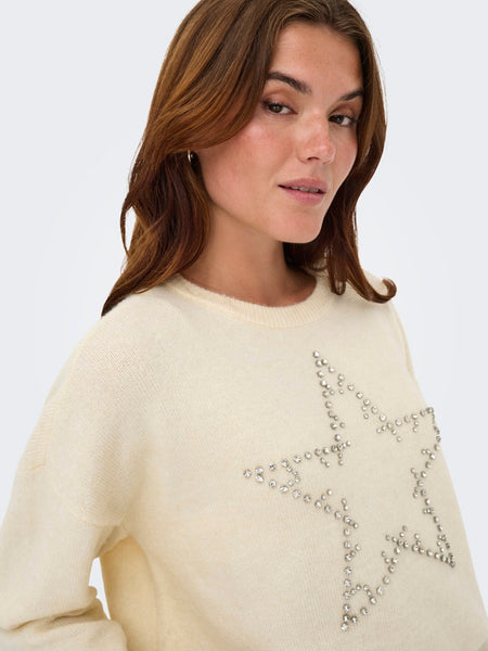 ONLY Knitted Rhinestone Star Jumper in Cream