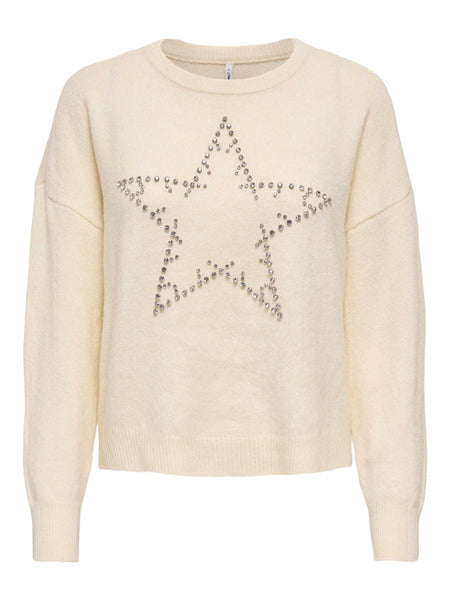 ONLY Knitted Rhinestone Star Jumper in Cream