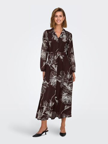 ONLY Long Sleeve Floral Shirt Dress in Brown
