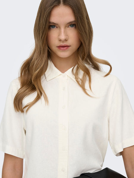 ONLY Linen Blend Short Sleeve Shirt in White