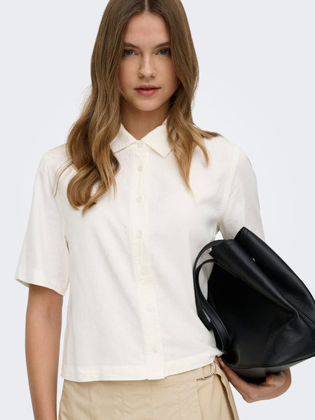 ONLY Linen Blend Short Sleeve Shirt in White