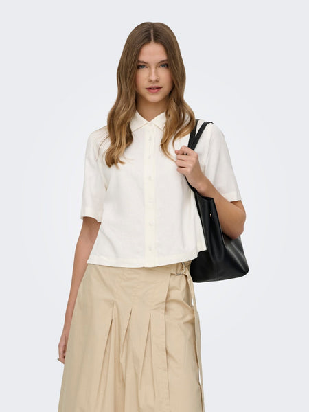 ONLY Linen Blend Short Sleeve Shirt in White
