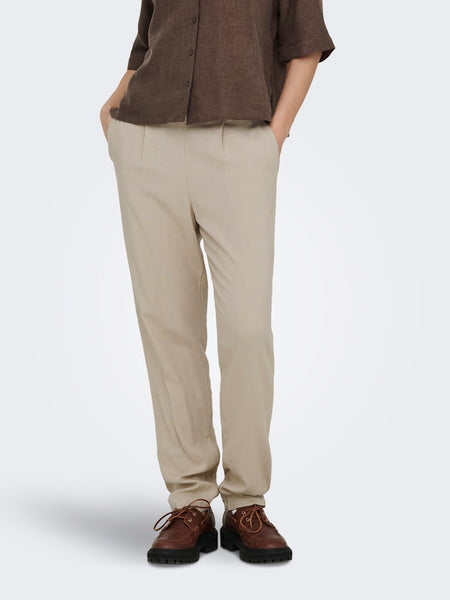 ONLY Linen Blend Straight Leg Trousers in Beige