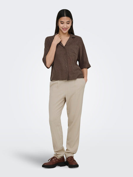 ONLY Linen Blend Straight Leg Trousers in Beige