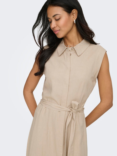 ONLY Long Sleeveless Linen Blend Shirt Dress in Beige