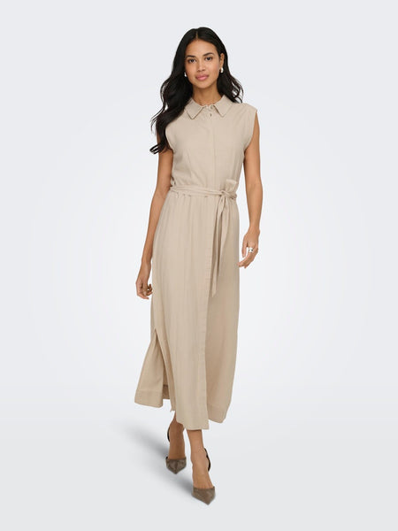 ONLY Long Sleeveless Linen Blend Shirt Dress in Beige