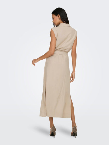 ONLY Long Sleeveless Linen Blend Shirt Dress in Beige