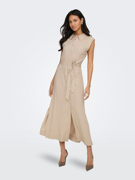 ONLY Long Sleeveless Linen Blend Shirt Dress in Beige