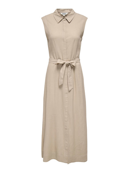 ONLY Long Sleeveless Linen Blend Shirt Dress in Beige