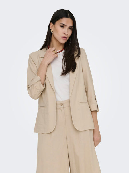 ONLY Linen Blend 3/4 Sleeve Blazer in Beige