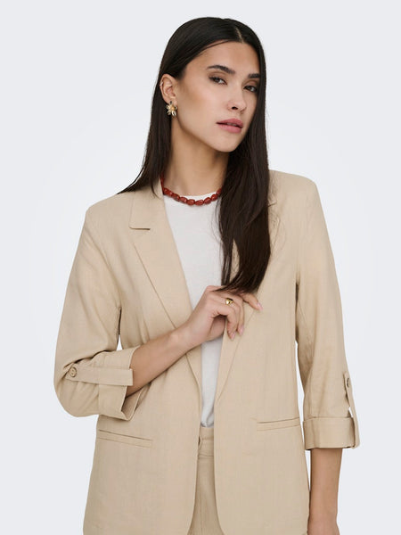 ONLY Linen Blend 3/4 Sleeve Blazer in Beige