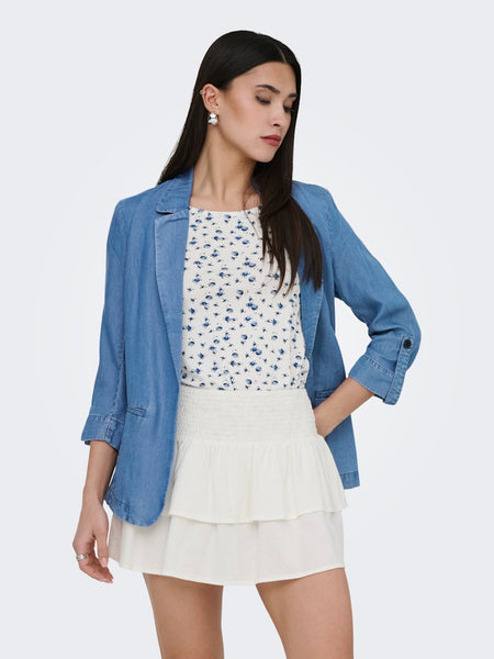 ONLY 3/4 Sleeve Denim Look Blazer in Medium Blue