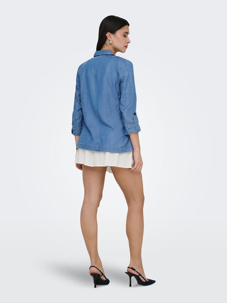 ONLY 3/4 Sleeve Denim Look Blazer in Medium Blue