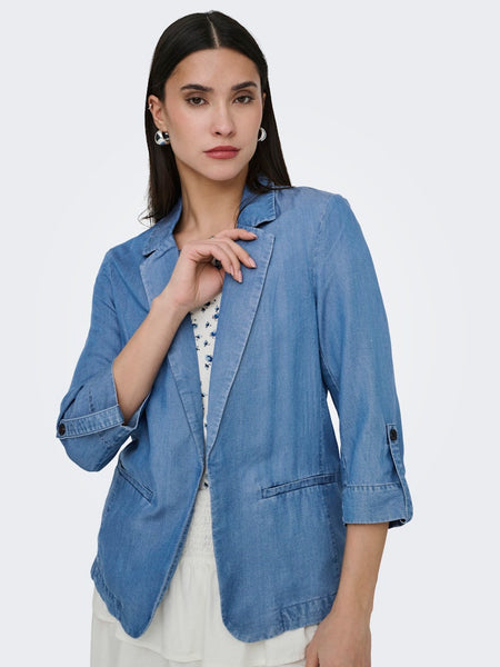 ONLY 3/4 Sleeve Denim Look Blazer in Medium Blue