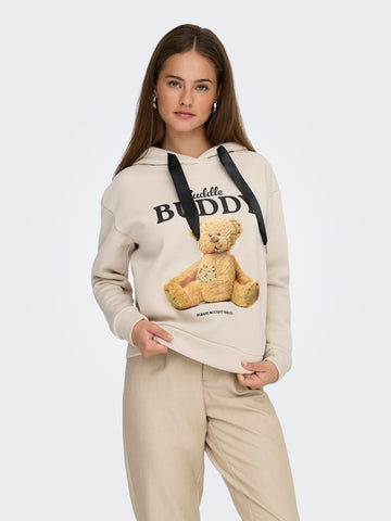 ONLY Teddy Print Hoodie in Cream