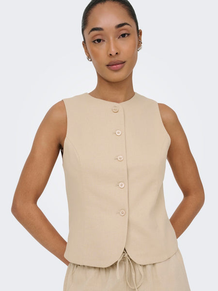 ONLY Linen Blend Waistcoat in Beige