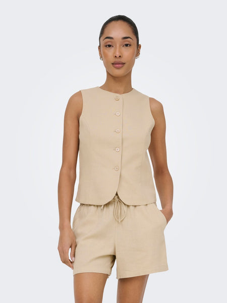 ONLY Linen Blend Waistcoat in Beige