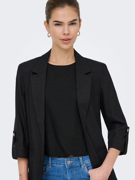 ONLY Linen Blend 3/4 Sleeve Blazer in Black