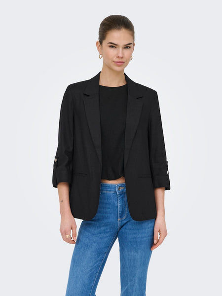 ONLY Linen Blend 3/4 Sleeve Blazer in Black