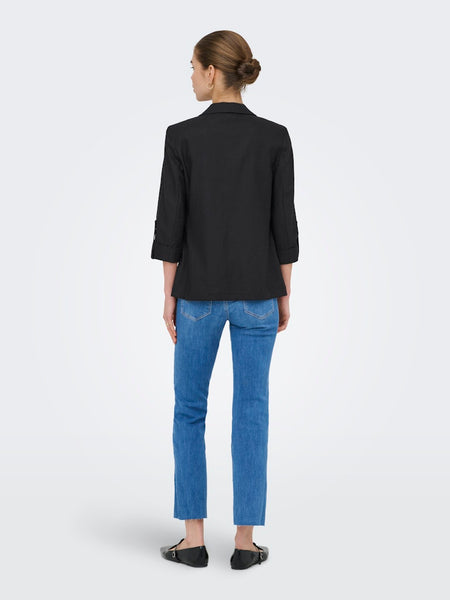 ONLY Linen Blend 3/4 Sleeve Blazer in Black
