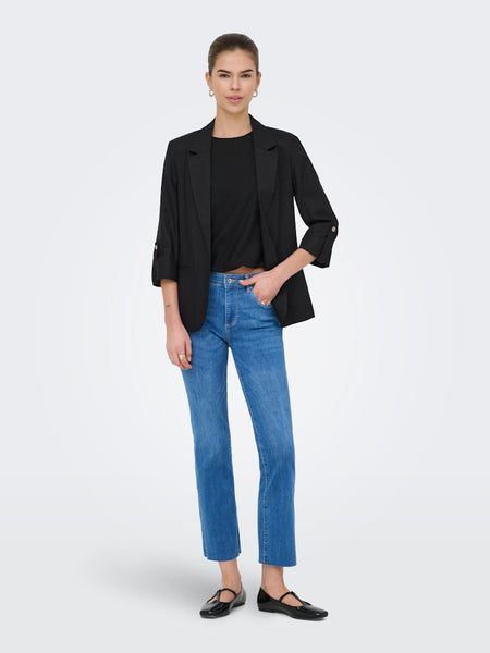ONLY Linen Blend 3/4 Sleeve Blazer in Black